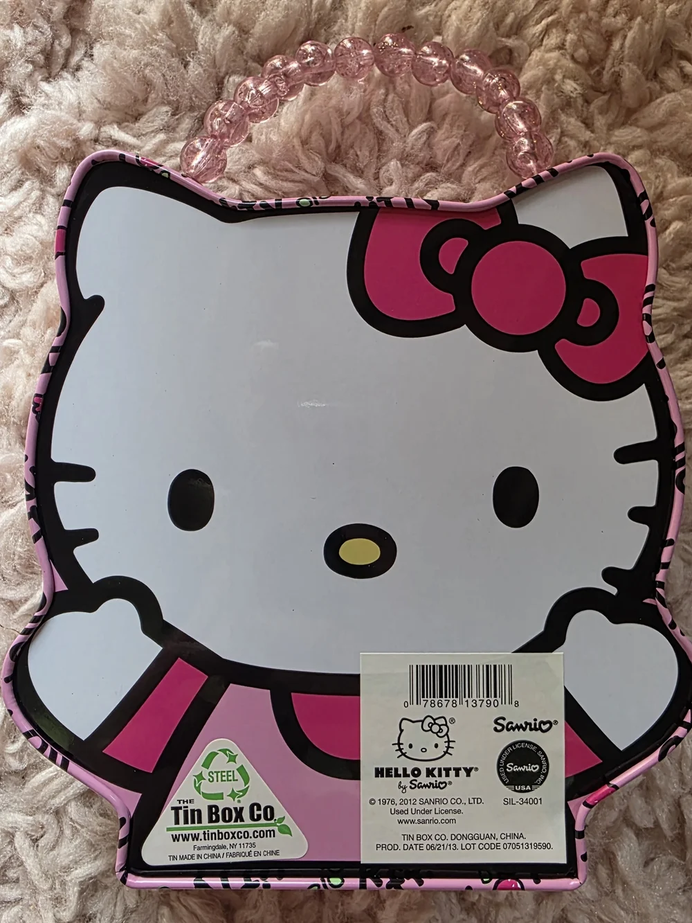 Sanrio Hello Kitty Pink and White Beaded Handle Tin Box